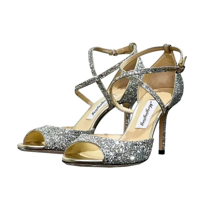 Gold glitter heel with ankle strap