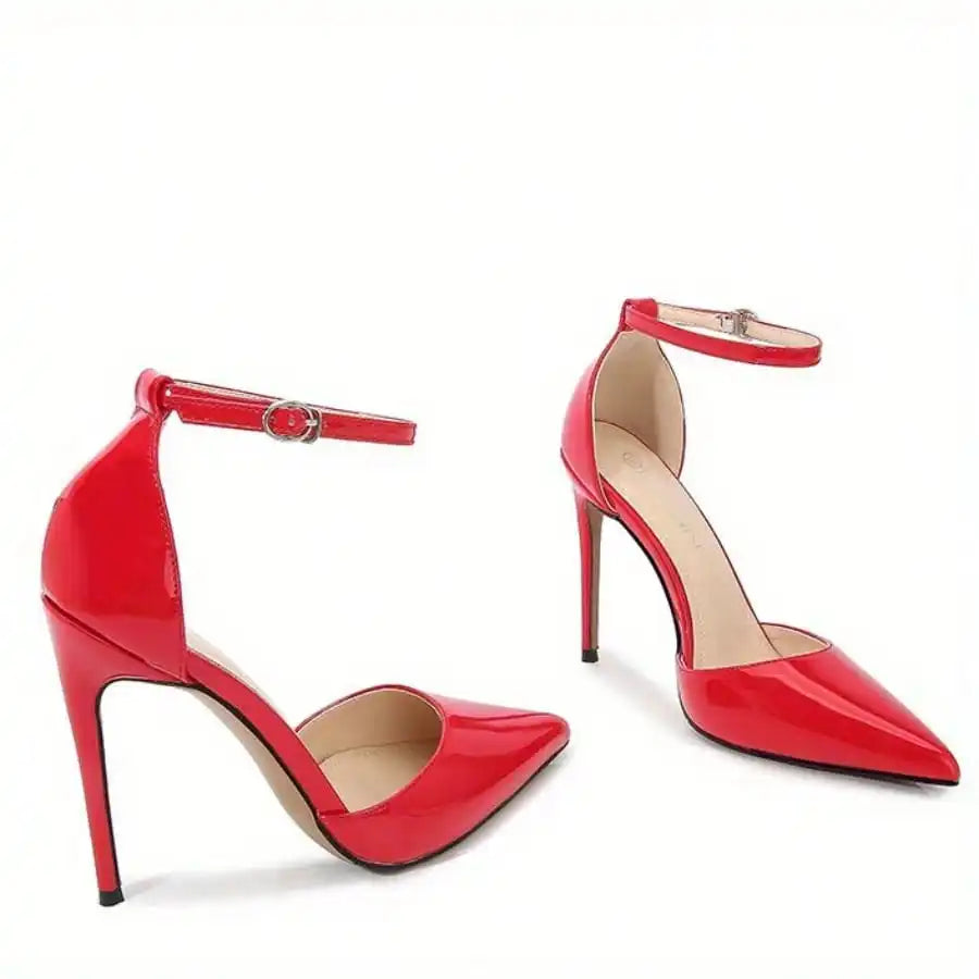 Red patent ankle strap heel