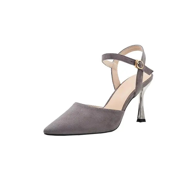 Suede ankle strap heel closed toe