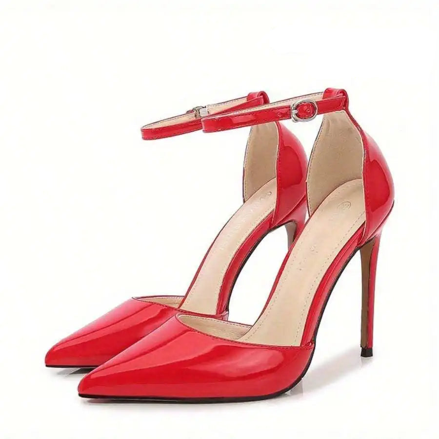 Red patent ankle strap heel