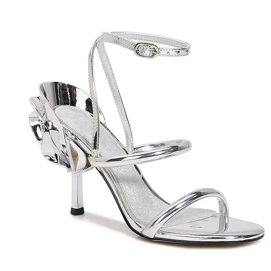 Silver metallic ankle ankle strap heel
