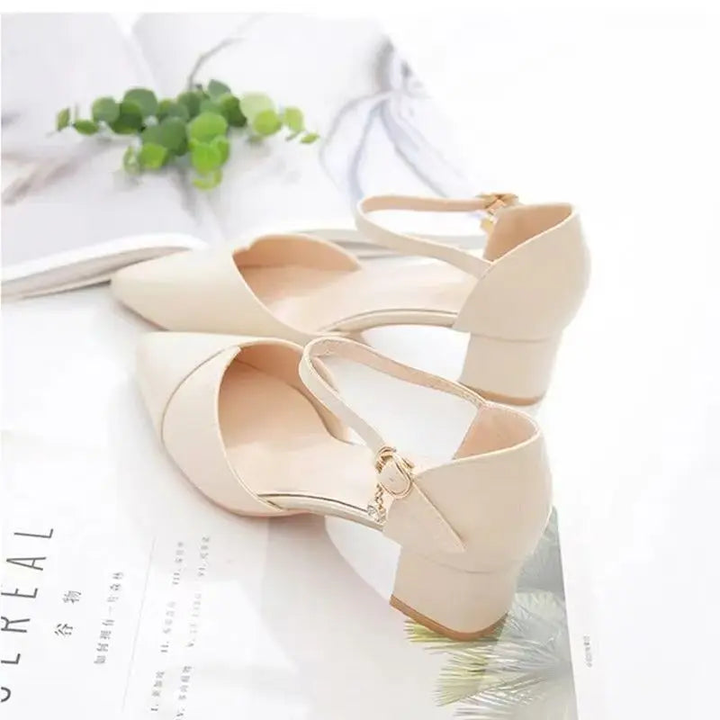 Beige ankle strap heels