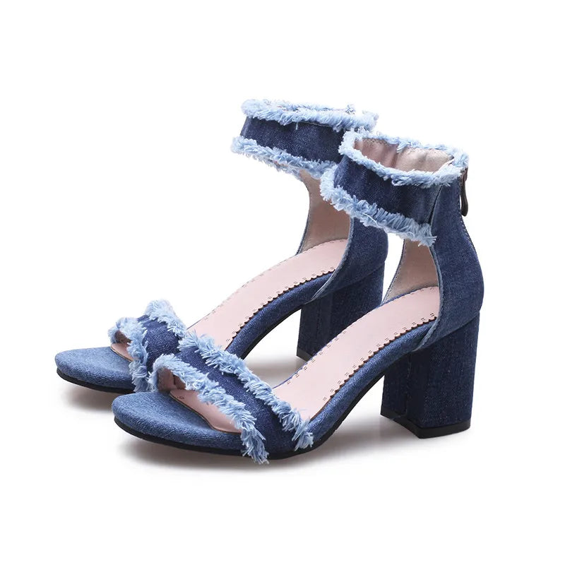 Denim ankle strap heel