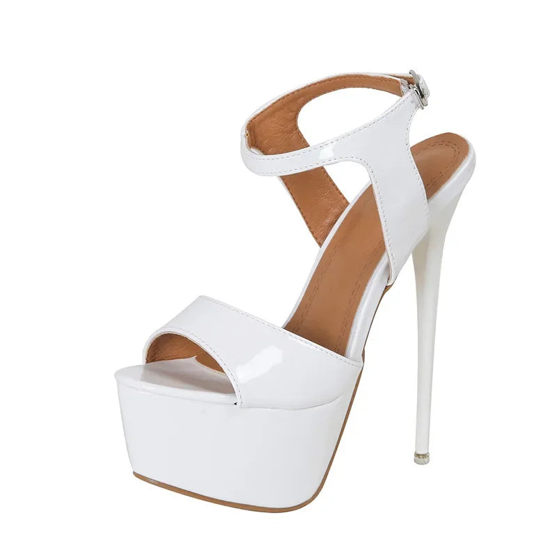 White ankle strap high heel sandal