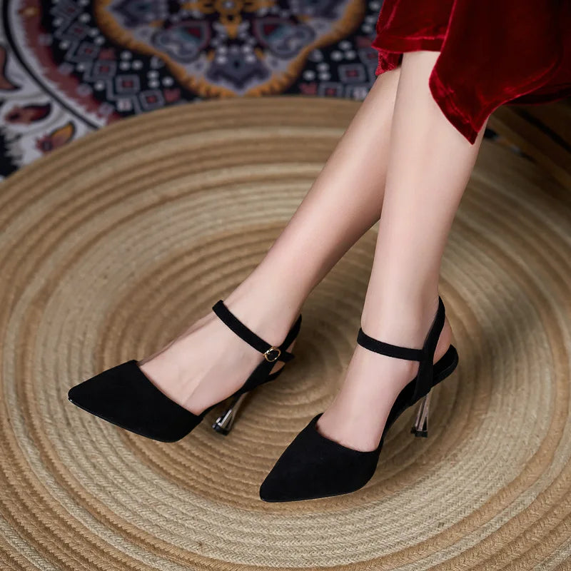 Suede ankle strap heel closed toe