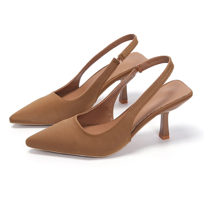 Brown ankle strap heel closed toe
