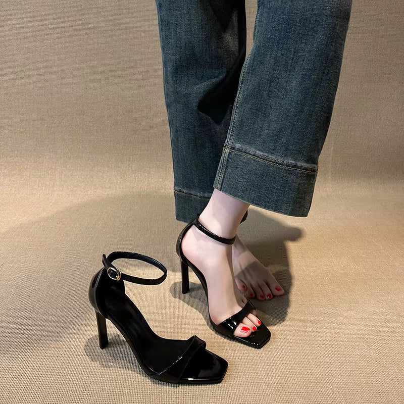 Black patent ankle strap heel