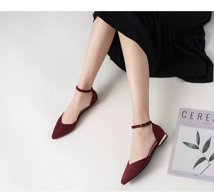 Burgundy flat with ankle strap heel