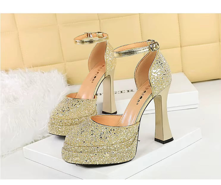 Ankle strap closed toe platform heel