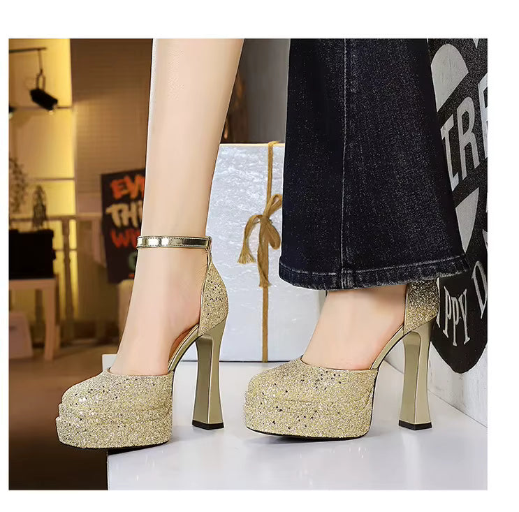Ankle strap closed toe platform heel