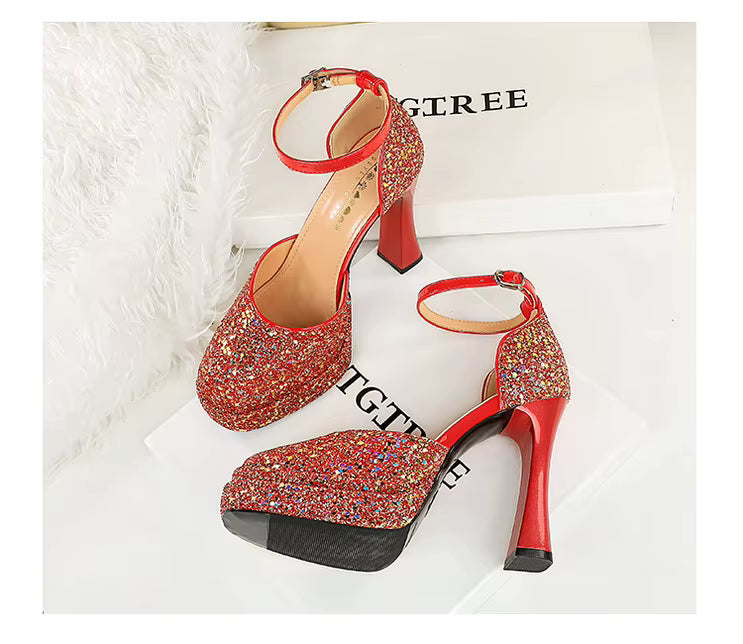 Ankle strap closed toe platform heel