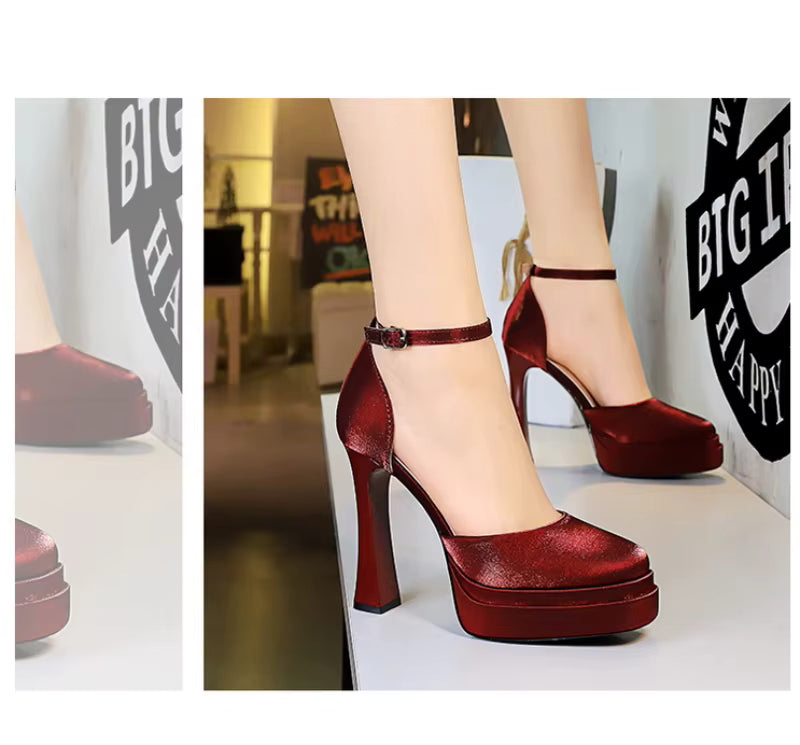 Embellished ankle strap heel