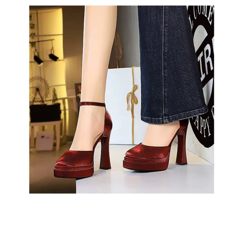 Embellished ankle strap heel