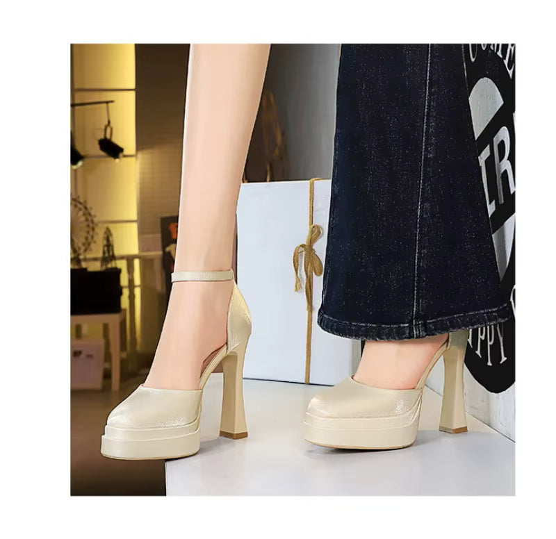 Embellished ankle strap heel