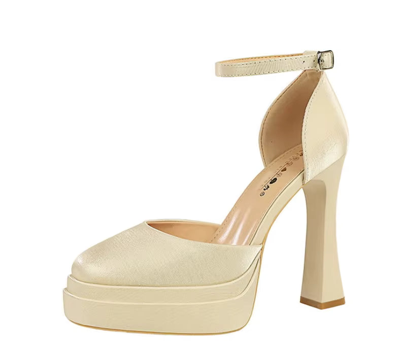 Embellished ankle strap heel