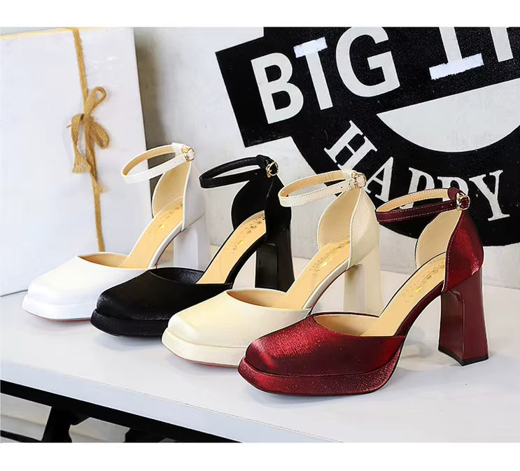 Ankle strap closed toe platform heel